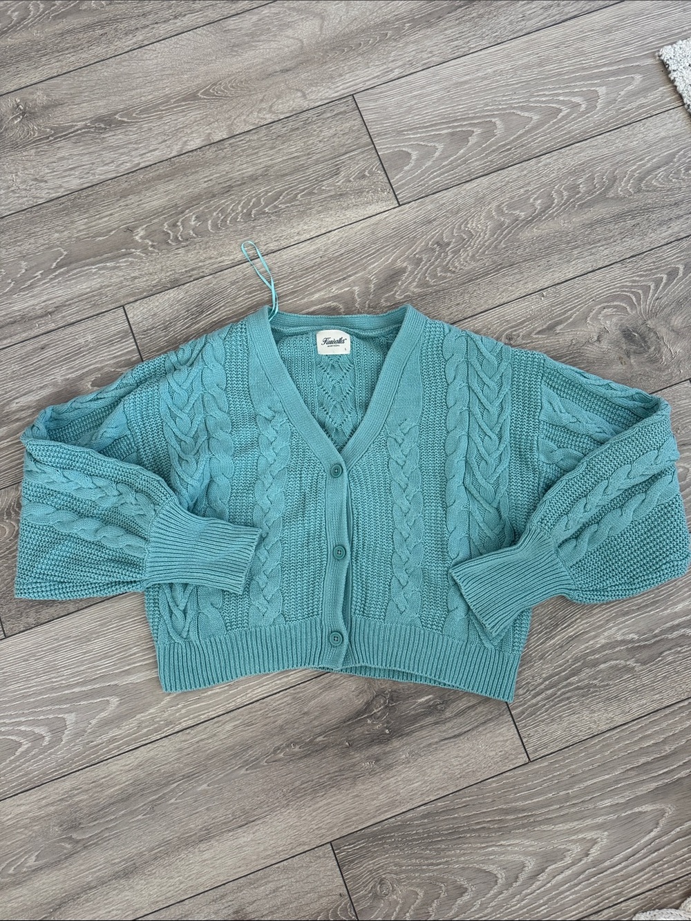 Cropped Teal Cable-Knit V-Neck Cardigan Sweater